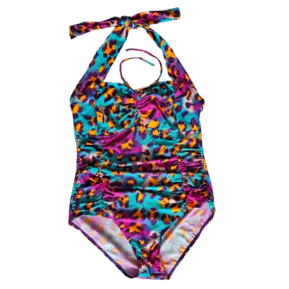 One piece swimsuit multicolore abstract print around neck wide ties size 12